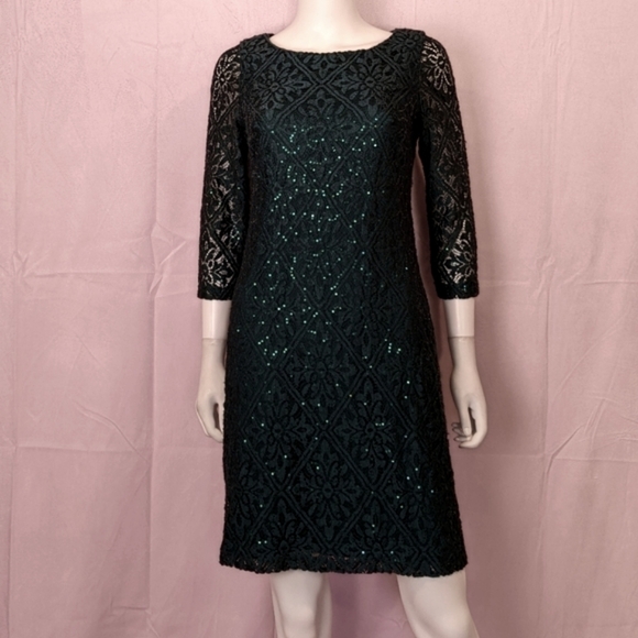Jessica Howard Green Lace Sequin 3/4 Sleeve Holiday Mini Dress size 8 - Picture 1 of 9